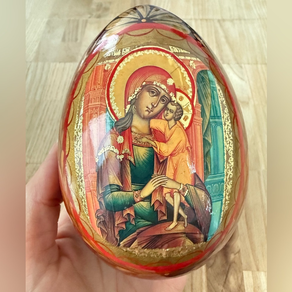 Vintage Russian orthodox Mary with Christ child Painted Wooden Egg